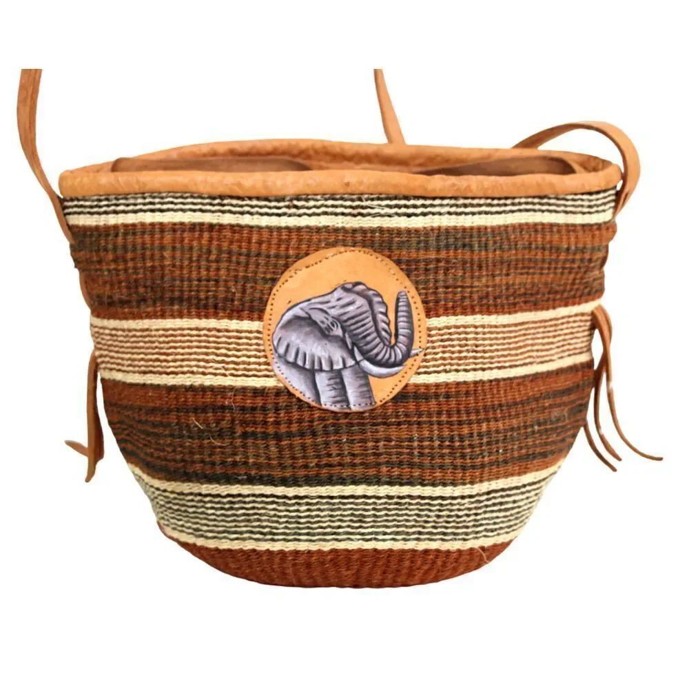 HANDCRAFTED BEIGE BROWN JUTE BROWN LEATHER HANDLES BASKET SHOULDER BAG X-BODY